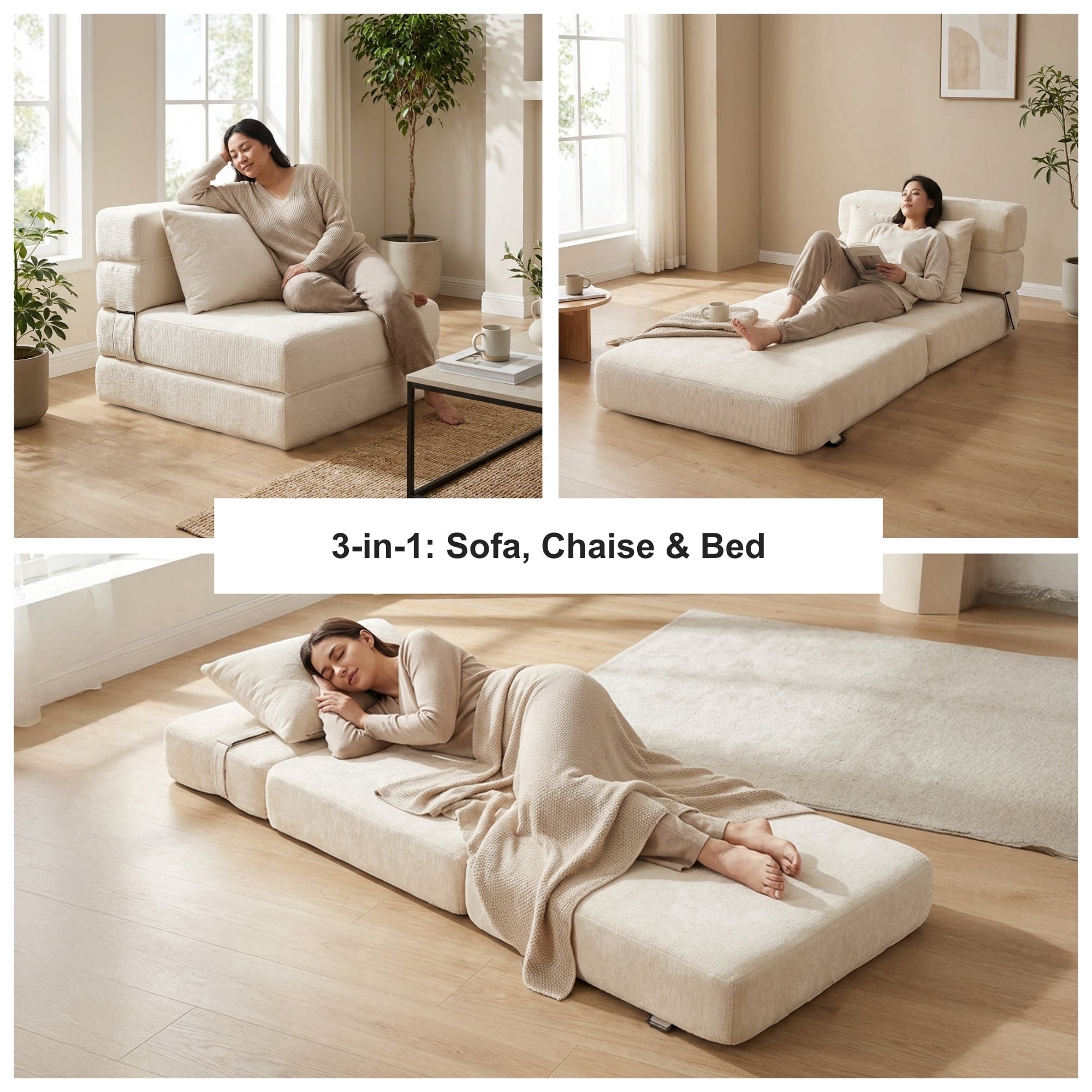 Oak and Birch Folding Sofa Bed Floor Couch with Pillow, 3-in-1 Convertible Boneless Convertible Chair, Chaise Lounge & Sleeper for Living Room, Apartment, Dorm, Gaming Room, Chenille, Cream