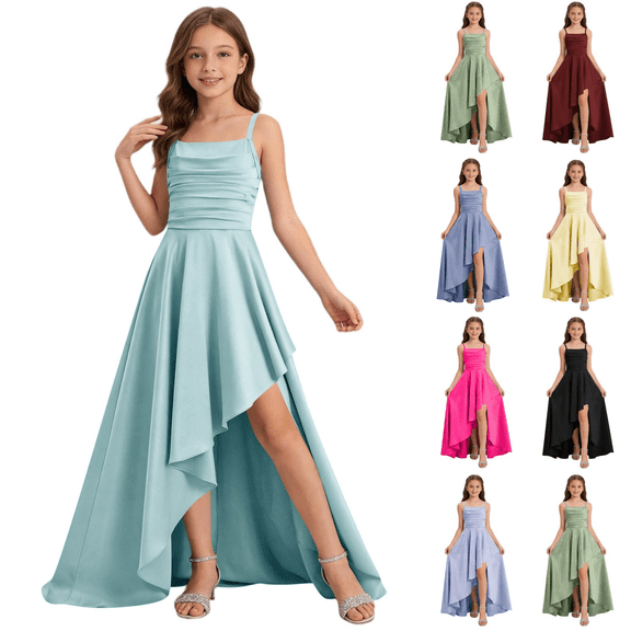 Jinhomg Girls Spaghetti Strap Junior Bridesmaid Dresses Silk Satin High Low Flower Girl Dress Pleated Fashion Slim Draped Formal Dresses for Teen Girls Special Occasions 5-14Y Red