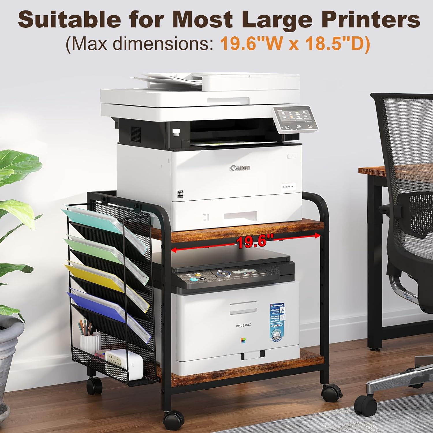 POAO Large Printer Stand with File Holder Organizer,Adjustable Height Shelf with Wheels,Rolling Printer Cart with Storage for Home Office,Rustic Brown