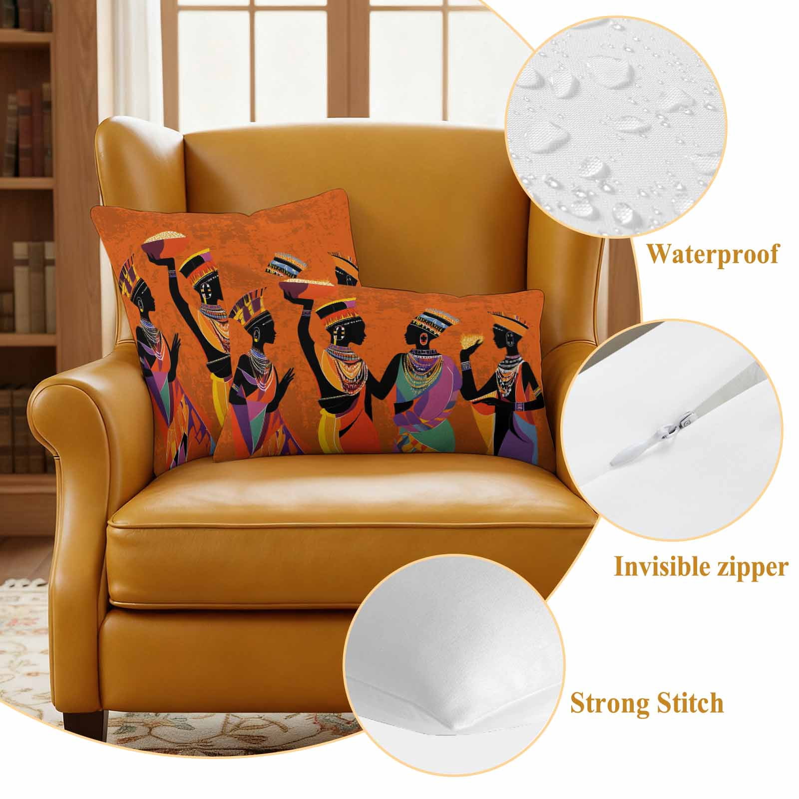 Outdoor Pillow Covers African Black Woman Ethnic Style Waterproof Pillow Cases 18x18 Set of 2, Retro Orange Gradient Throw Pillow Cover Pillowcase for Patio Balcony Couch Garden