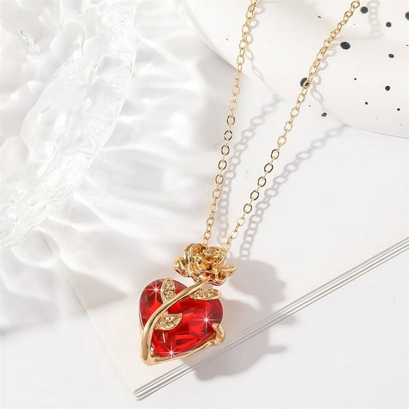 Valentine's Day Heart & Rose Zinc Alloy Ruby Rhinestone Pendant Necklaces for Women Golden 18.50 inch(47cm)