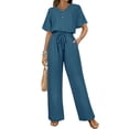 thumbnail image 4 of Womens V Neck Two Piece Set Short Sleeve Top and Casual Long Pants Fashion Slimming Outfit Blue XL, 4 of 7