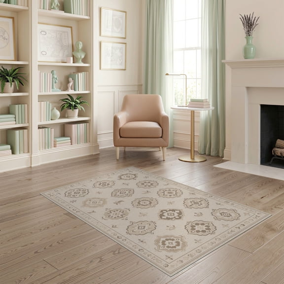 ODIKA 4'x6' Gray Beige Medallion Pattern Design Washable Area Rug Elegant Geometric Motifs with Classic Charm for Bedroom, Reading Nook, Pet Friendly & Non-Shedding