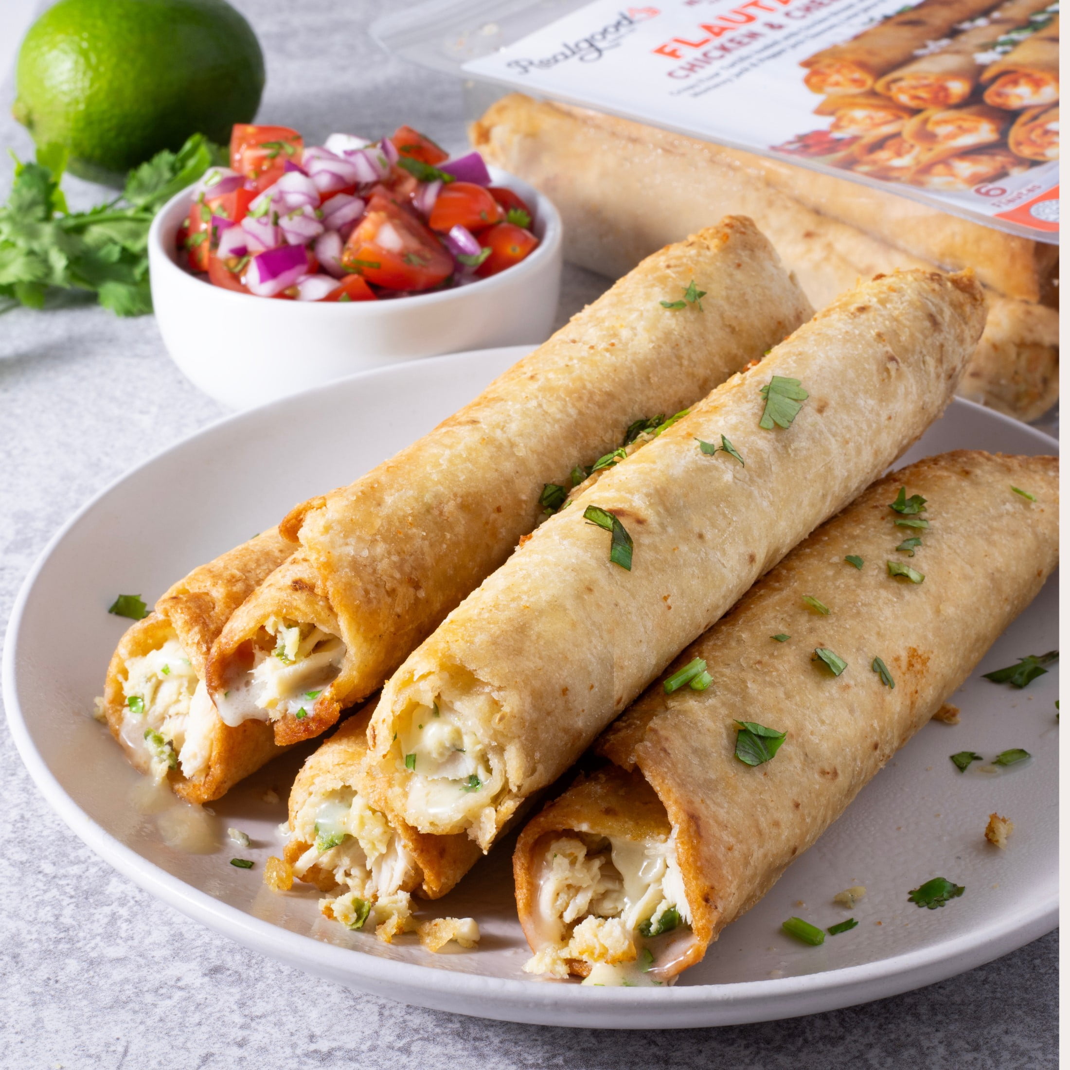 Realgood Foods Co. Chicken & Cheese Flautas, 6 Count, 16.5 oz (Refrigerated)