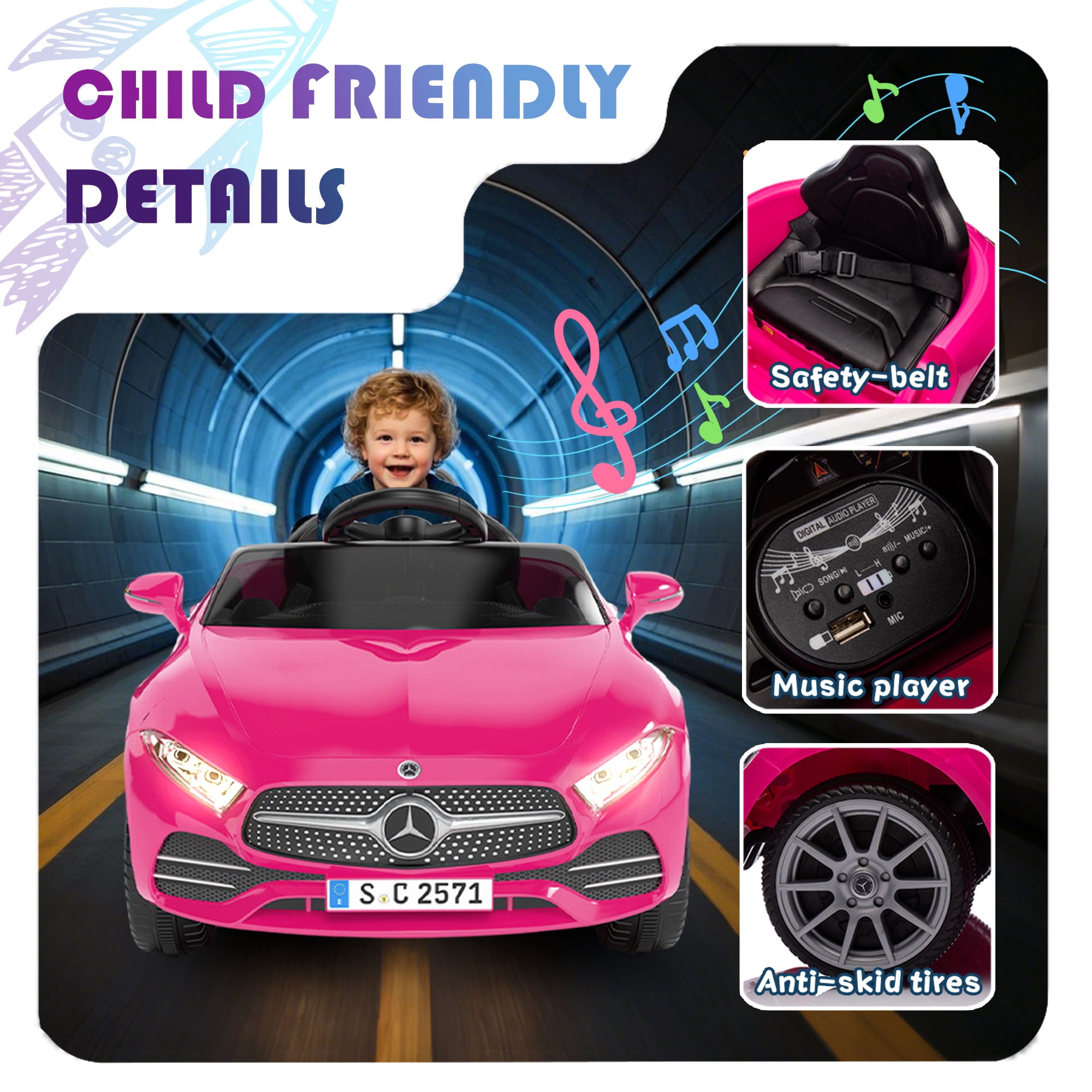 Licensed Benz CLS 350 12V Electric Ride on Toys with Bluetooth Music, LED Lights, Spring Suspension, Power Car Wheels, Electric Car for Kids with Parent Remote Control (Pink)