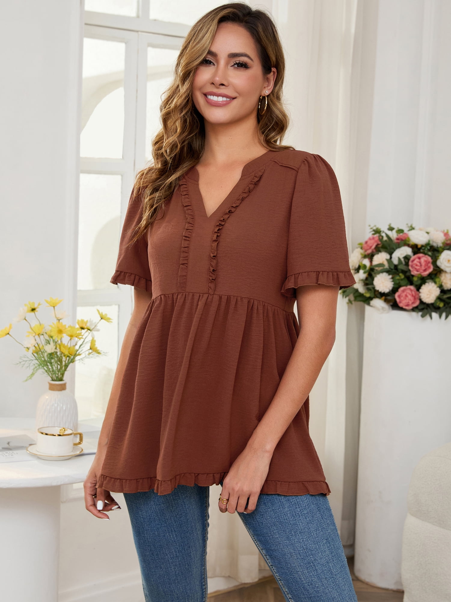 DARING DIVA Women's Boho Ruffled V Neck Short Sleeve Maternity Tops L Brown