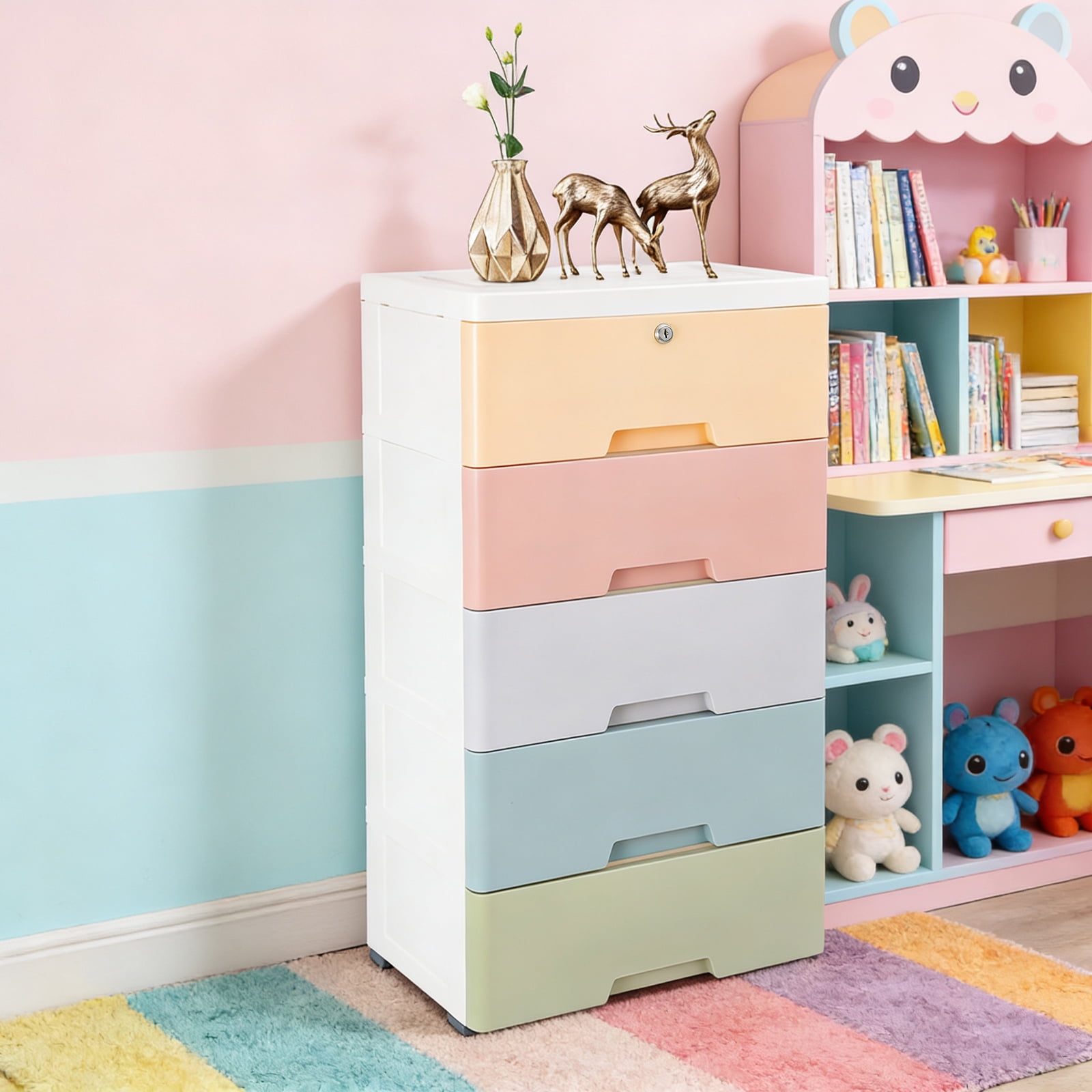 5 Tier Plastic Drawers Dresser Storage Tower w/5 Drawers, Stackable Storage Organizer Cabinet w/Wheels Storage Bin,Mobile Storage Closet Large Containers Organizer Unit