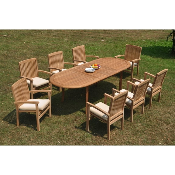 Grade-A Teak Dining Set: 8 Seater 9 Pc: 94" Double Extension Oval Table And 8 Wave Stacking Arm Chairs Outdoor Patio WholesaleTeak #WMDSWVm