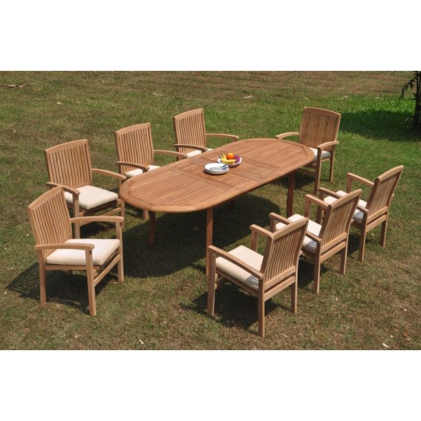 Grade-A Teak Dining Set: 8 Seater 9 Pc: 94" Double Extension Oval Table