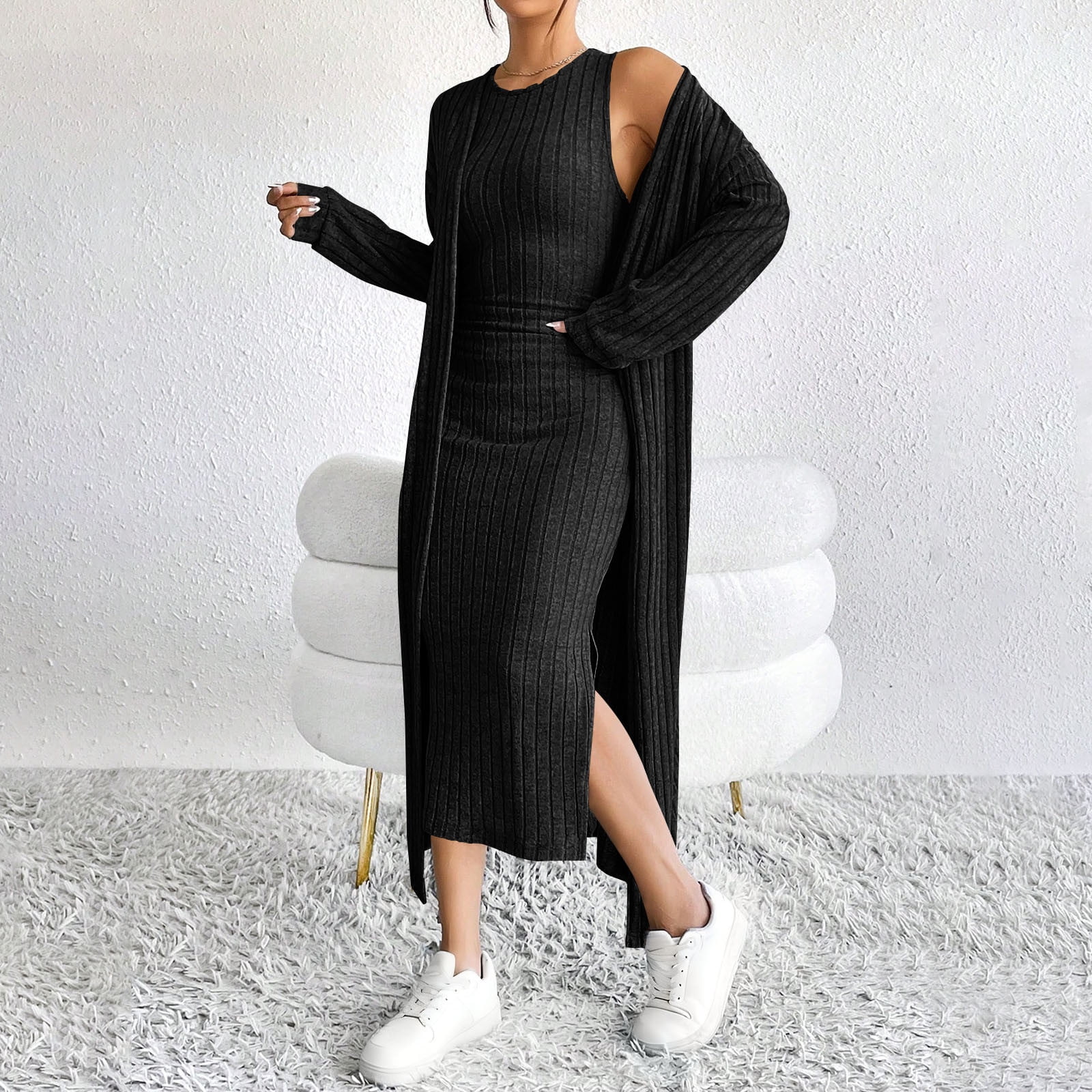 Feancey Women Sweater Dress Set Knit Bodycon Dresses & Long Cardigan 2 Piece Outfits Fall Sleeveless Slit Maxi Dresses Black M, Women's, Size: Medium