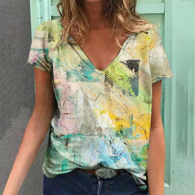 T-Shirts d'Été pour Femmes Grande Taille, Hauts d'Été pour Femmes, Blouse Imprimée d'Été, T-Shirts Décontractés à Col en V, Manches Courtes, Hauts, T-Shirt à Col en V pour Femmes en Liquidation