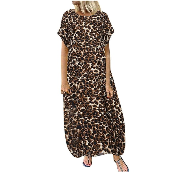 AOOCHASLIY Clarance Dresses for Women 2022Women Fashion Casual Retro Leopard Print Short Sleeve Round Neck Loose Dress