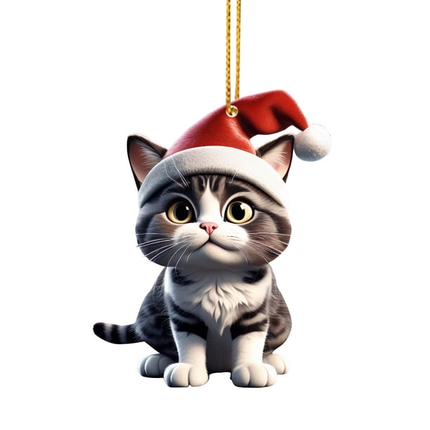 Adorno de gato para coche | Colgante para árbol de Navidad | Decoración navideña para el hogar | Adorno colgante de acrílico para el espejo retrovisor del coche o el árbol de Navidad