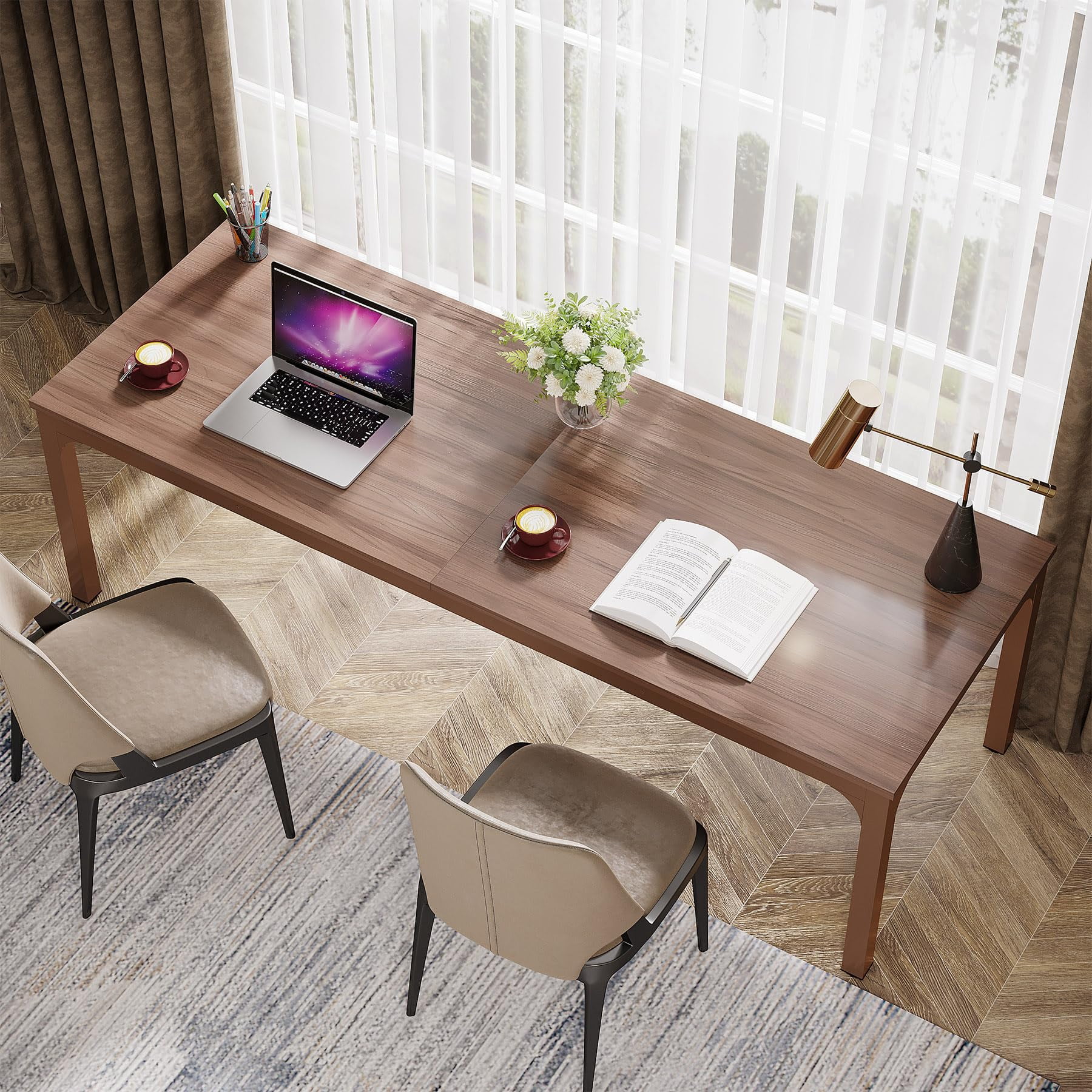 Tribesigns 78.7 inches Extra Long Computer Desk 2 Person, Extra Wide Double Office lndustrial Writing Workstation with Adjustable Foot Pads for Home Office Table, Brown