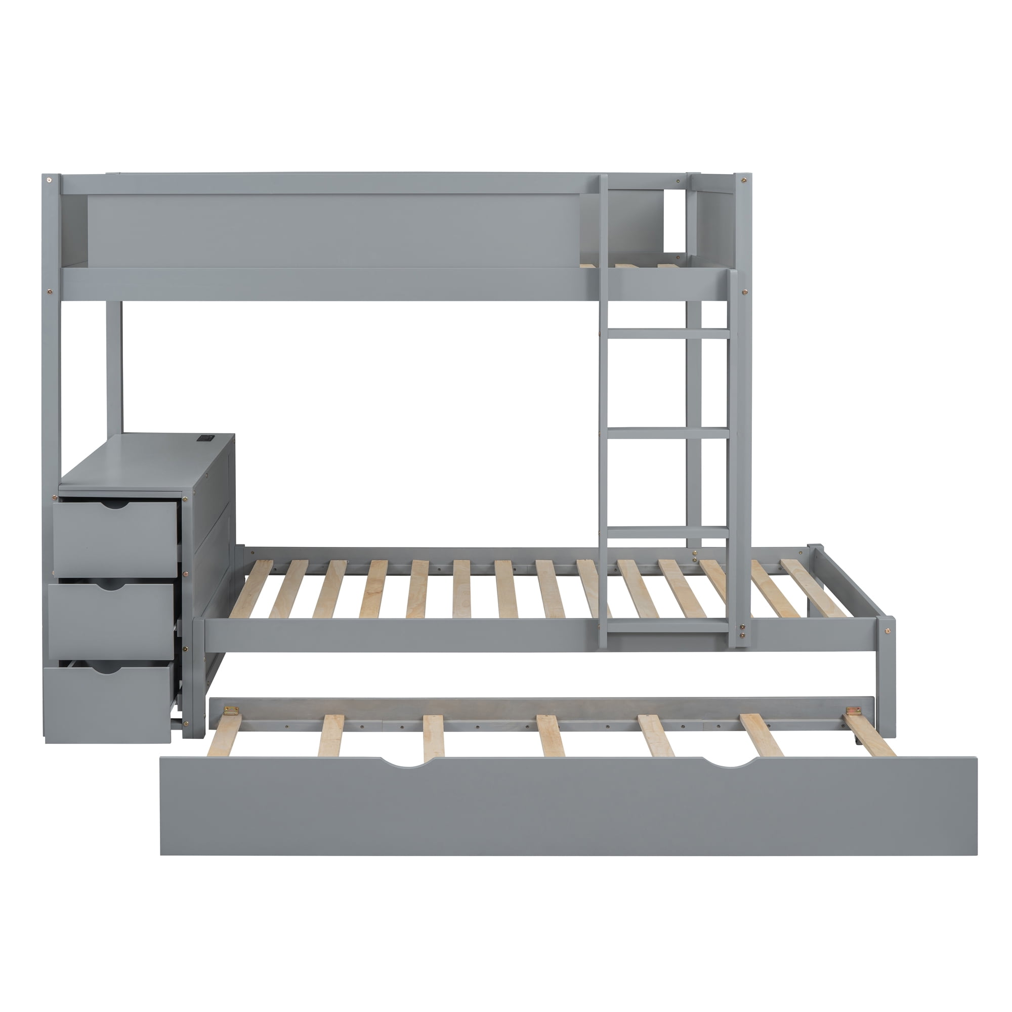 Aukfa Twin Over Twin Bunk Bed with Trundle and USB Charging Station, Wood Bed Frame with Build-in Desk&Storage Drawers for Kids Bedroom, Gray