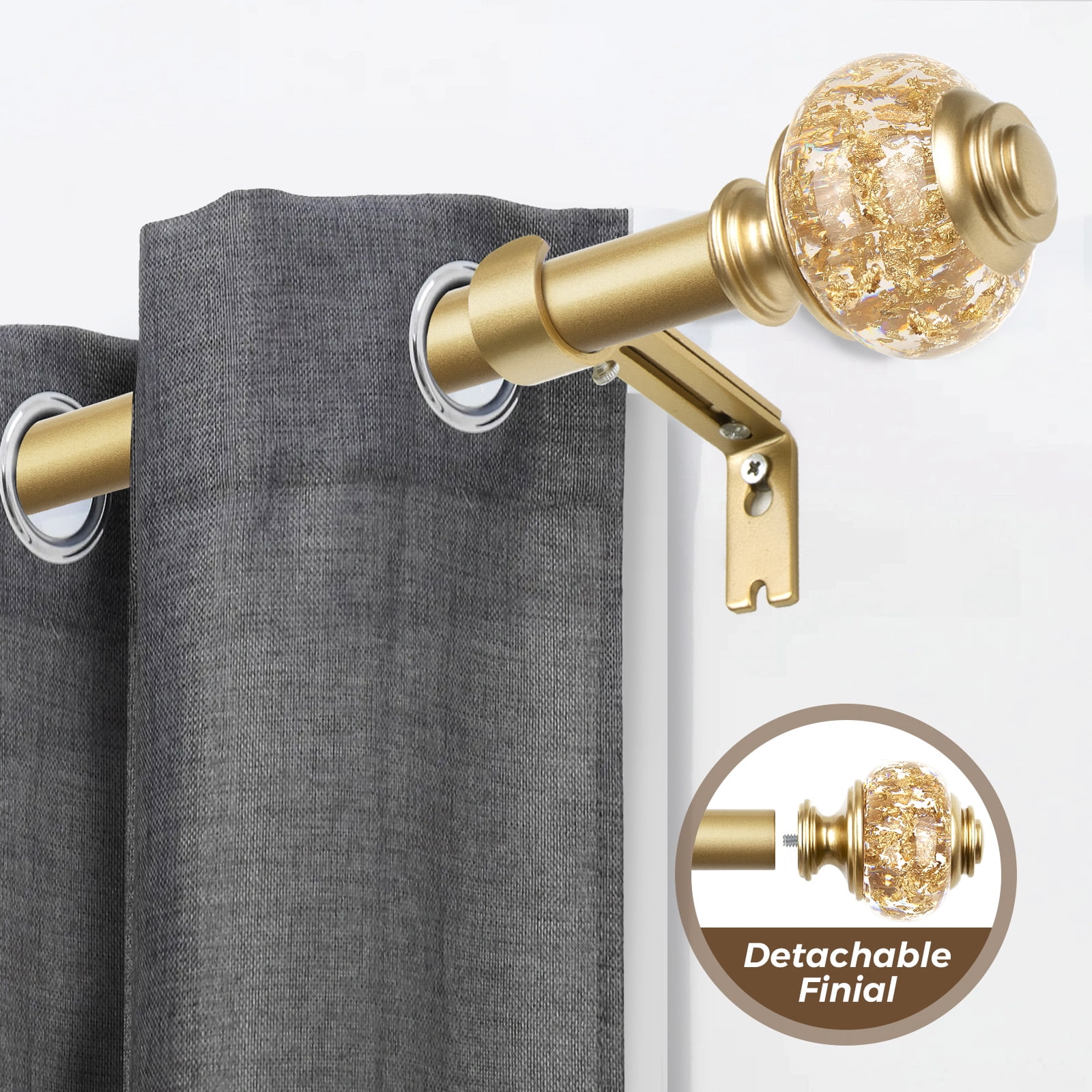 KAMANINA 7/8" Adjustable Single Curtain Rod with Translucent Finial, 28 - 48", Gold