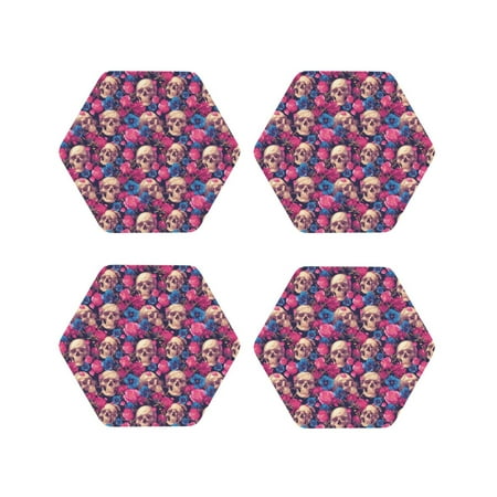 

Tideii Skull rose blue flower for Leather Coasters 4 Pieces Anti-fouling and Anti-scalding Decorative Coasters Suitable for Restaurants Kitchens Coffee Shops-Hexagon