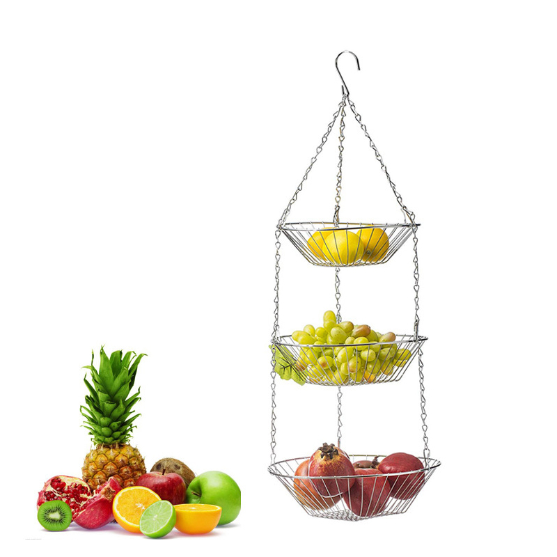 3 Tiers Wire Chain Hanging Basket Fruit Plant Food Organizer Kitchen Storage Wrought Iron Fruit