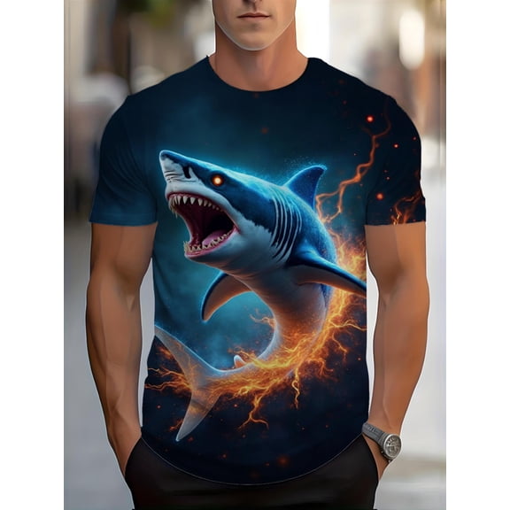 Men's full-body printed T-shirt, electric shark fusion design 3D digital pattern, round neck short sleeves, casual outdoor wear