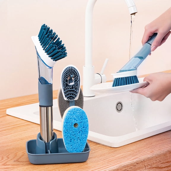 Long Handle Dishwashing Brush with Soap Dispenser | 4 Replaceable Brush Heads & Sponges | Stainless Steel Kitchen Scrubber for Pots & Pans | Green/Blue/Pink/Grey