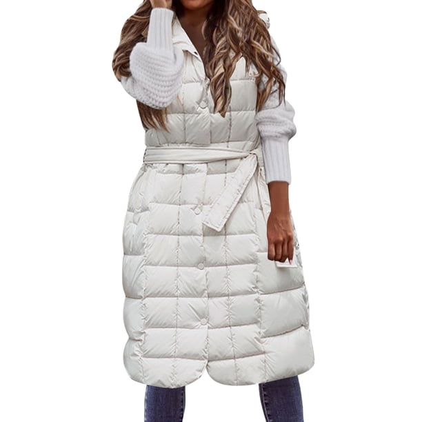 Gibobby Chaquetas recortadas para mujer, Chaleco largo acolchado para mujer, ligero, sin mangas, con bolsillos(Blanco,G)