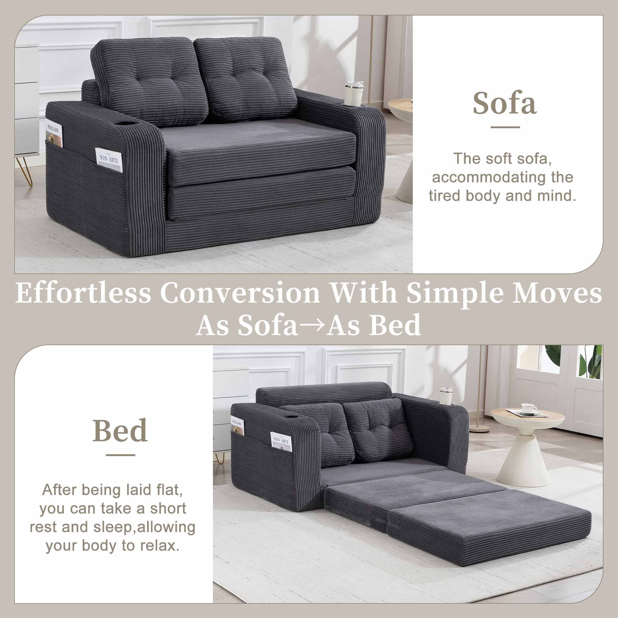 Lunale 54" Convertible Sofa Bed, Small Boneless Cloud Couch with Cup Holders, No Assembly Required, Corduroy Floor Sleeper Sofa, Gray