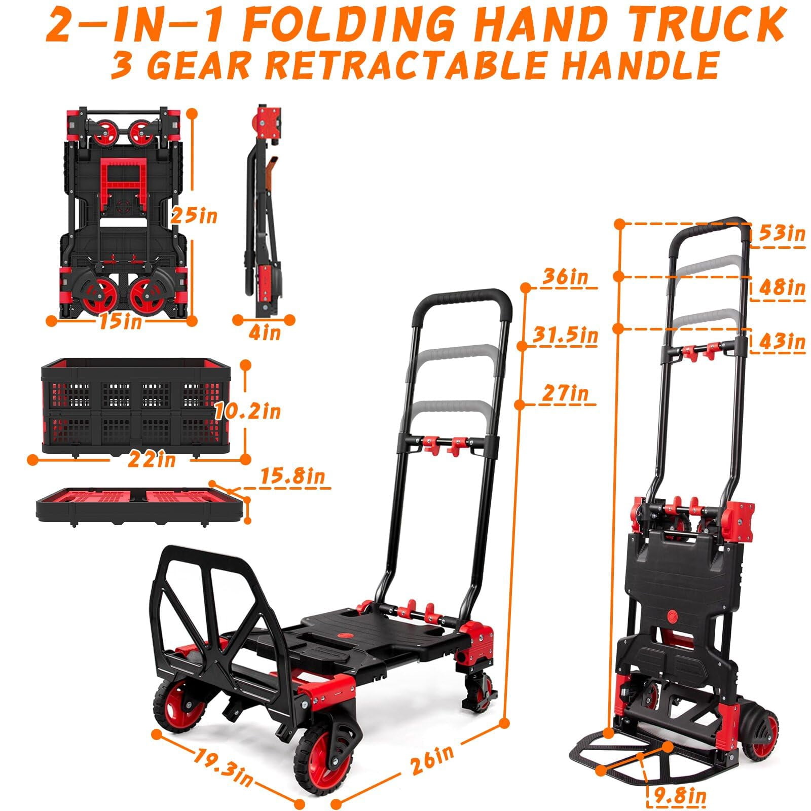 2-in-1Hand Truck Dolly with Folding Basket, Dolly Cart with 4 Wheels, Wagons Carts Foldable with Retractable Handle, Foldable wagon for Moving, 330LBS Capacity, Red