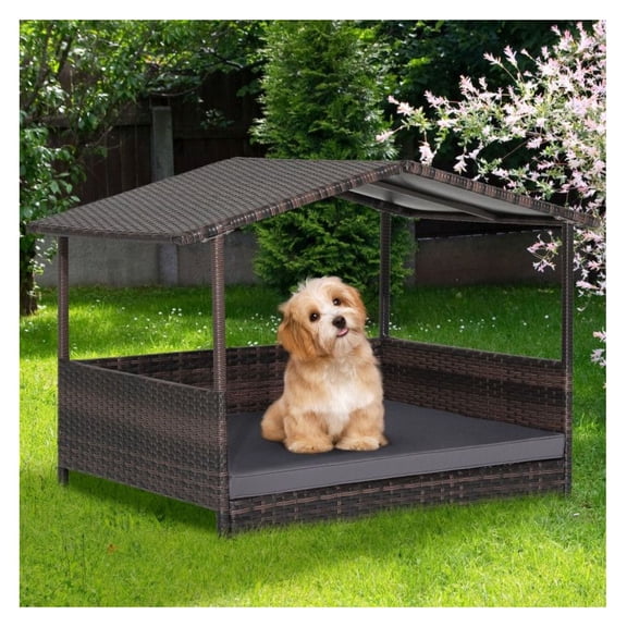Outdoor Wicker Dog House with Weatherproof Roof, Rattan Dog Bed for Indoor & Outdoor Use, Elevated Dog House w/Cushion, Steel Frame, Breathable, for Small Medium Large Dogs, Brown White