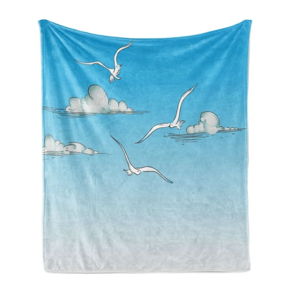Seagulls Soft Flannel Fleece Blanket, Seagulls Flying in an Ombre Sky Background with Clouds Minimalistic Sketch Drawing, Cozy Plush for Indoor and Outdoor Use, 70" x 90", White Blue, by Ambesonne