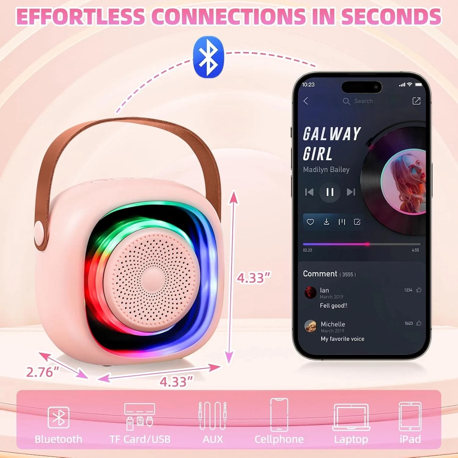 Kids Karaoke Machine with 2 Microphones, Mini Bluetooth Speaker, LED Lights Gift