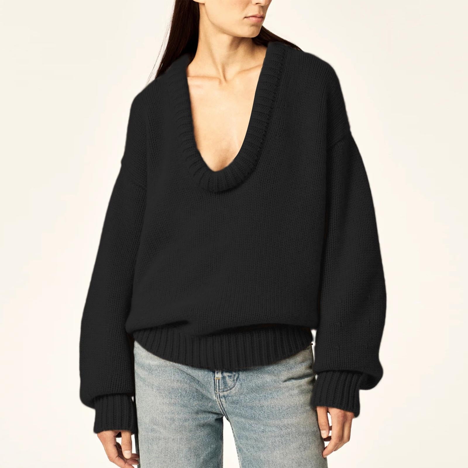 Olyvenn Women's Oversized Scoop Neck Pullover Sweater Long Sleeve Knitted Sweater Chunky Trendy Fall Winter Sweater Tops Black M