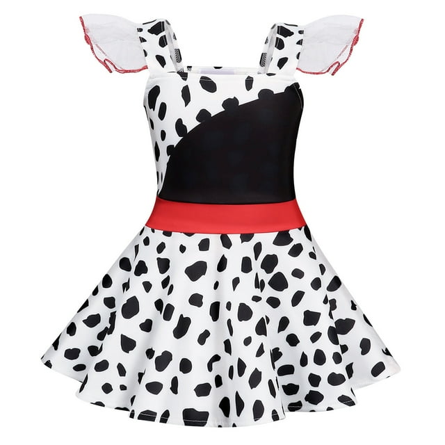 Alvivi Robe Dalmatienne à Manches Volantes pour Filles, Robe Tutu en Maille, Tenues de Fête Cosplay, Accessoires de Séance Photo Noir&Blanc 140