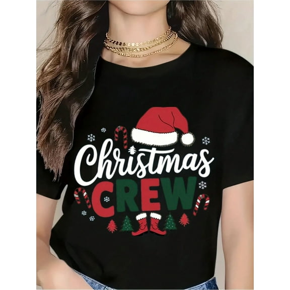 Christmas Crew T-Shirt For Women, Festive Holiday Graphic Tee With Santa Hat And Candy Cane Design, Perfect For Christmas Parties, Family Matching Outfits, Xmas Celebration