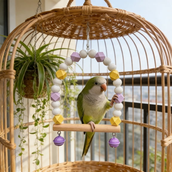 Wooden Parrot Swing Perch with Colorful Beads, Bird Cage Hanging Toy for Parakeets Cockatiels, Interactive Claw Grinding Bird Swing,B