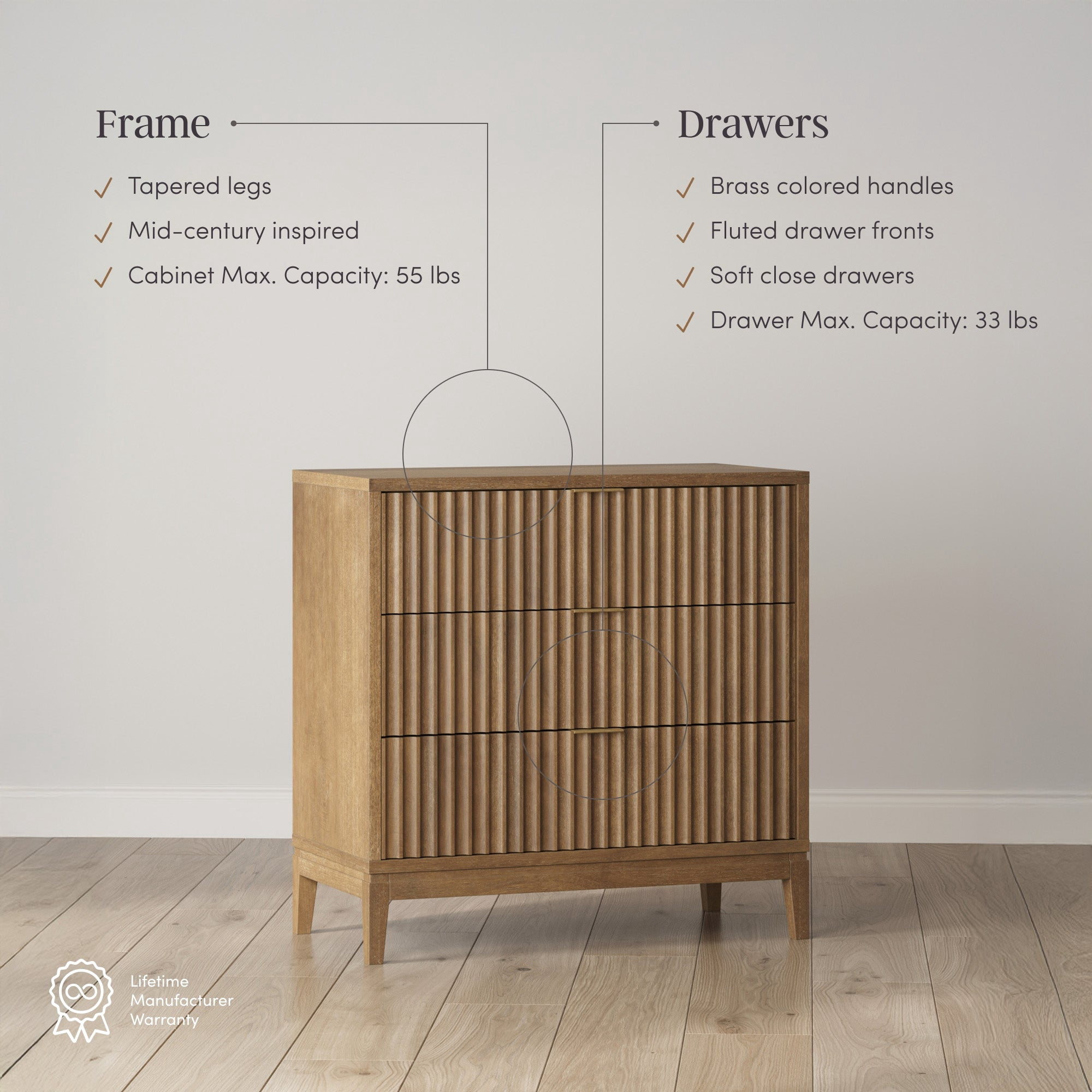 Nathan James Jasper Mid Century Modern 3-Drawer Dresser with Solid Wood Frame, Fluted Dresser for Nursery or Small Drawer for Bedroom, Light Brown