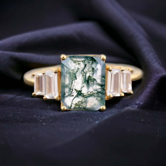 Natural Moss Agate Wedding Ring Baguette Cut Gemstone Art Deco Diamond Bridesmaid Jewelry Five Gemstone Promise Ring Customized Gift For Her