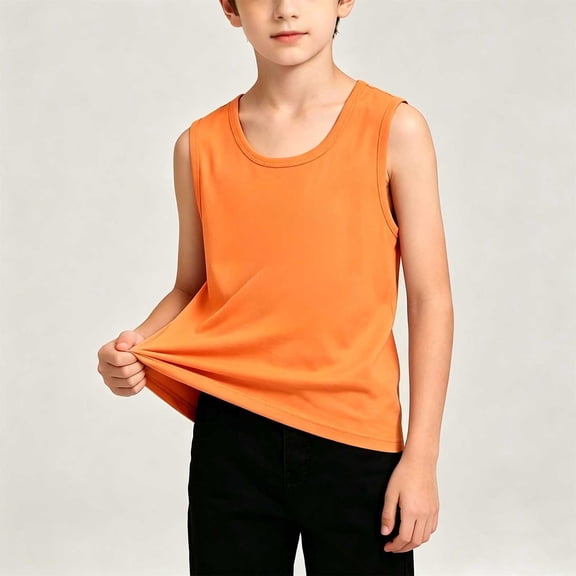 FSYBOA Boys Cotton Tank Tops Size 8T, Crew Neck Sleeveless Running Casual Kids Athletic Top Orange