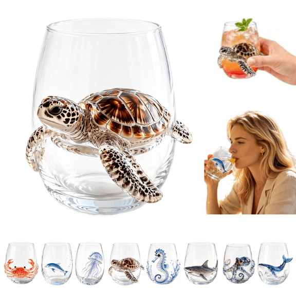 Artisanal Blue Ringed Octopus Glassware,3D Octopuses Stemless Wine Glasses, Handcrafted Marine Animal Bar Glass,Coastal Home Decor Gift for Ocean Lovers(Turtle)
