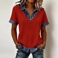 thumbnail image 2 of Women’s Short Sleeve Button Down Denim Collar V Neck Casual Top Contrast Trim Loose Fit Blouse Shirt Red S, 2 of 6