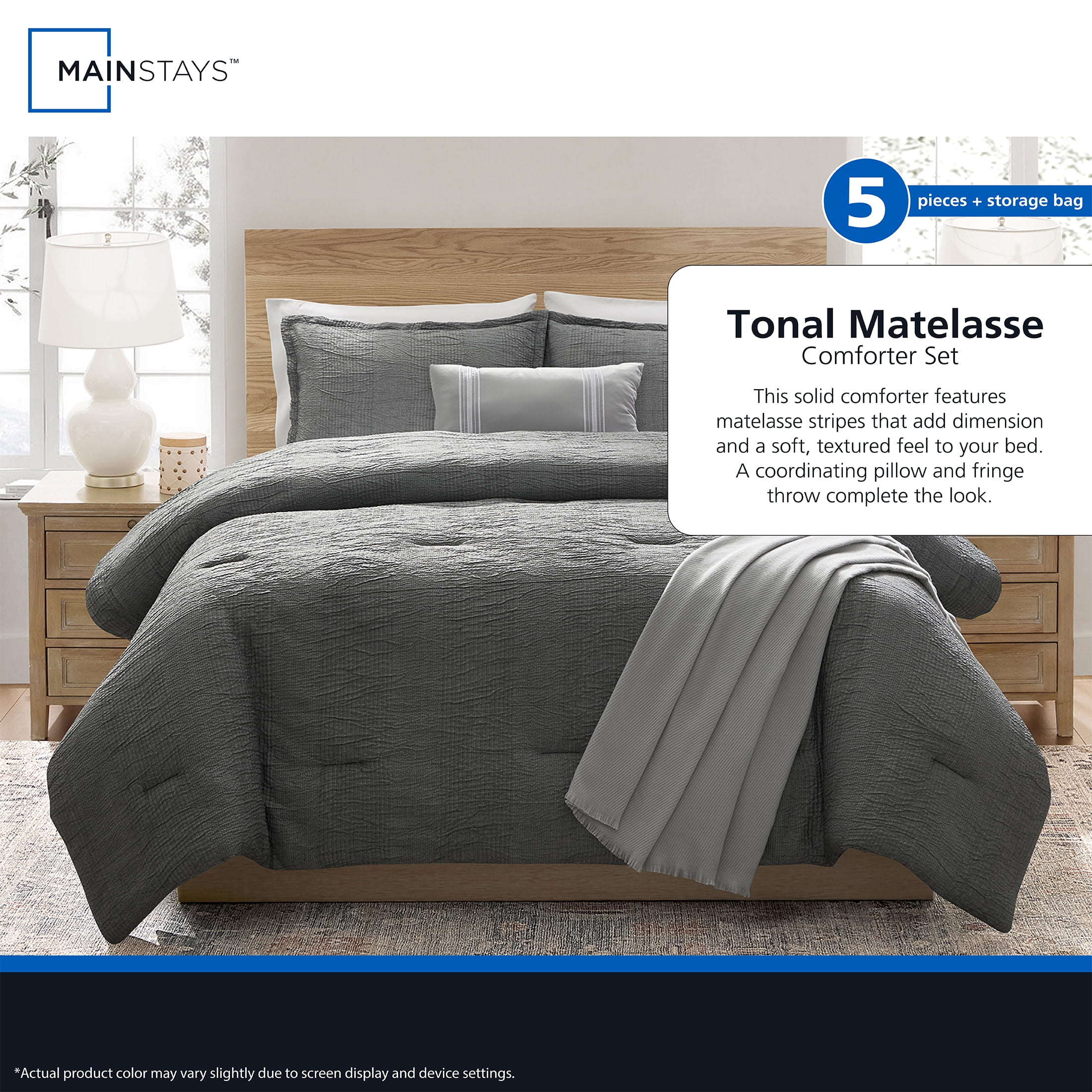 Mainstays Tonal 4-Piece Black Stripe Matelasse Comforter Set, Twin/Twin XL