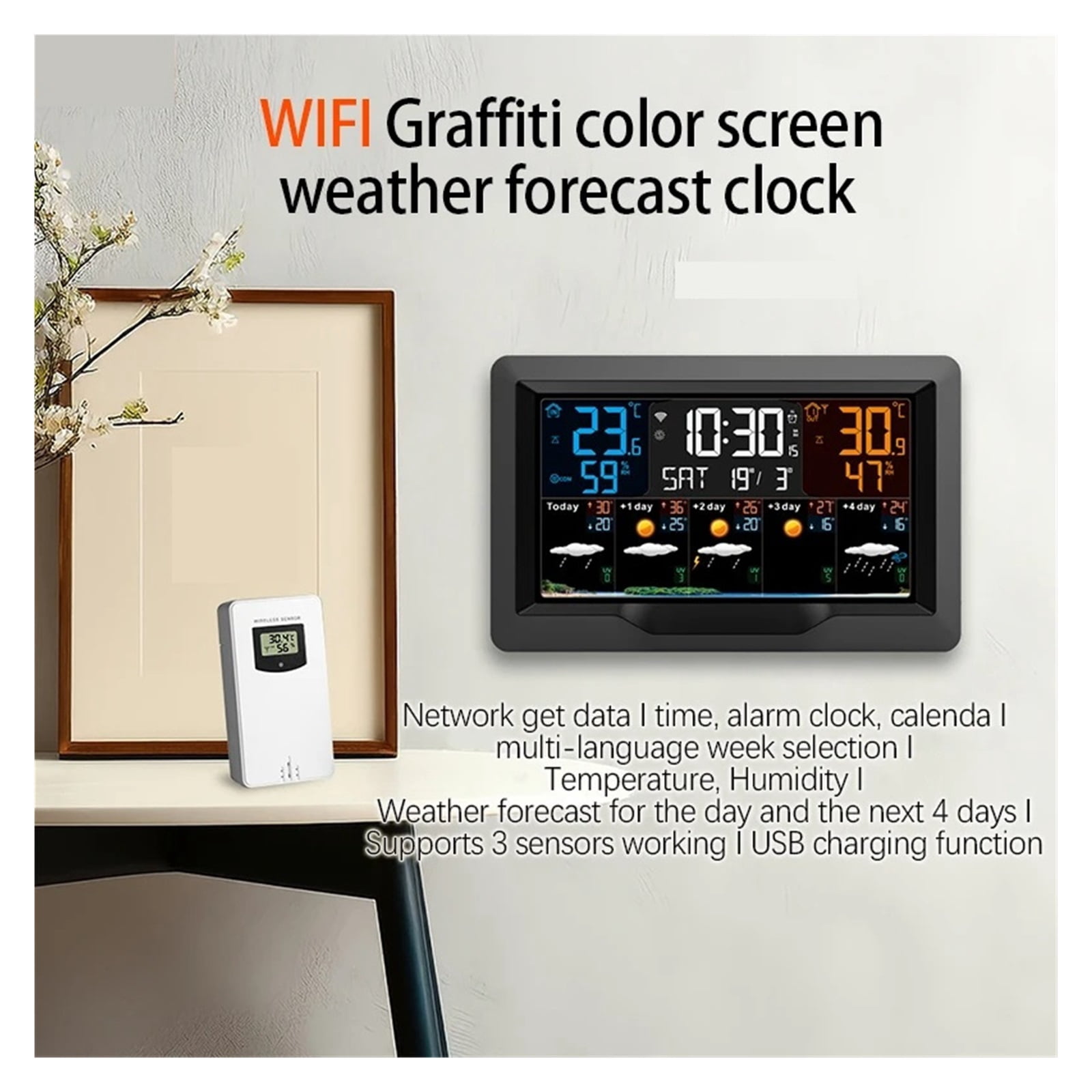 WIFI Smart Weather Station Color Screen APP Control Weather Alarm Clock Indoor and Outdoor