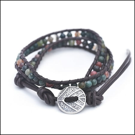Gemstone Handmade Indian Jewelry - Genuine Indian Agate - Semi Precious Stones and Leather Wrap Bracelet