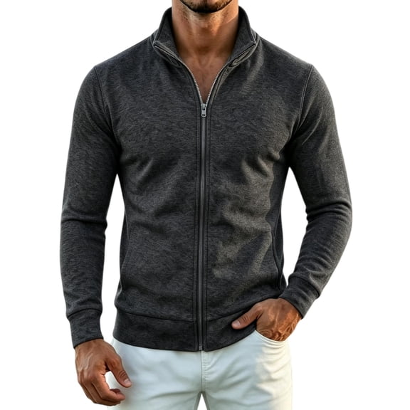 TKKCS Mens Full Zip Sweatshirt Stand Collar Slim Fit Athletic Casual Long Sleeve Hoodless Jacket with Pockets Dark Gray XL