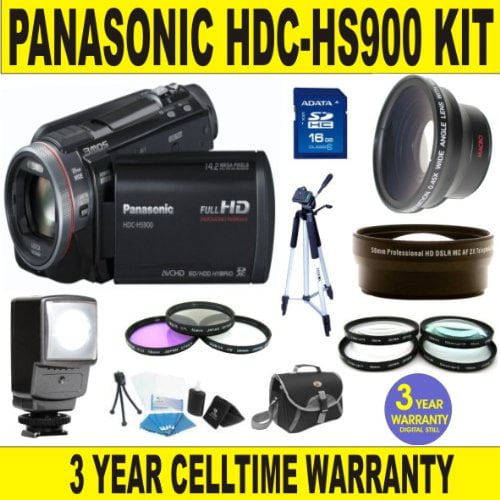 BRAND NEW PANASONIC HDC-HS900 CAMCORDER w/ .45X SUPER WIDE ANGLE LENS + 2X  TELEPHOTO LENS + 4 PIECE MACRO KIT + LED VIDEO LIGHT + 16GB MEMORY CARD + 3  