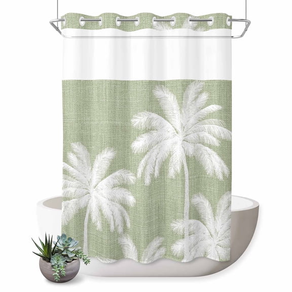 No Hook Shower Curtain, Sage Green Palm Trees Shower Curtains for Bathroom with See Through Top Window, Farmhouse Tropical Summer Beach Waterproof & Washable Bath Curtain Stall 48"x72"