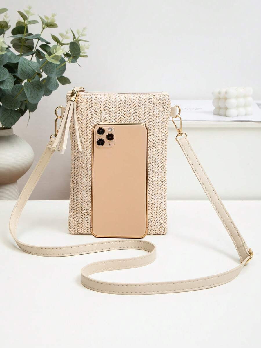 Mini Crossbody Bag For Women, Handwoven Cross-Body Bag, Solid Color Portable Handbag, French Casual Tassel Decor Bag, Large Capacity Multi-Function Zipper Shoulder Strap Bag, Travel Shopping Bag