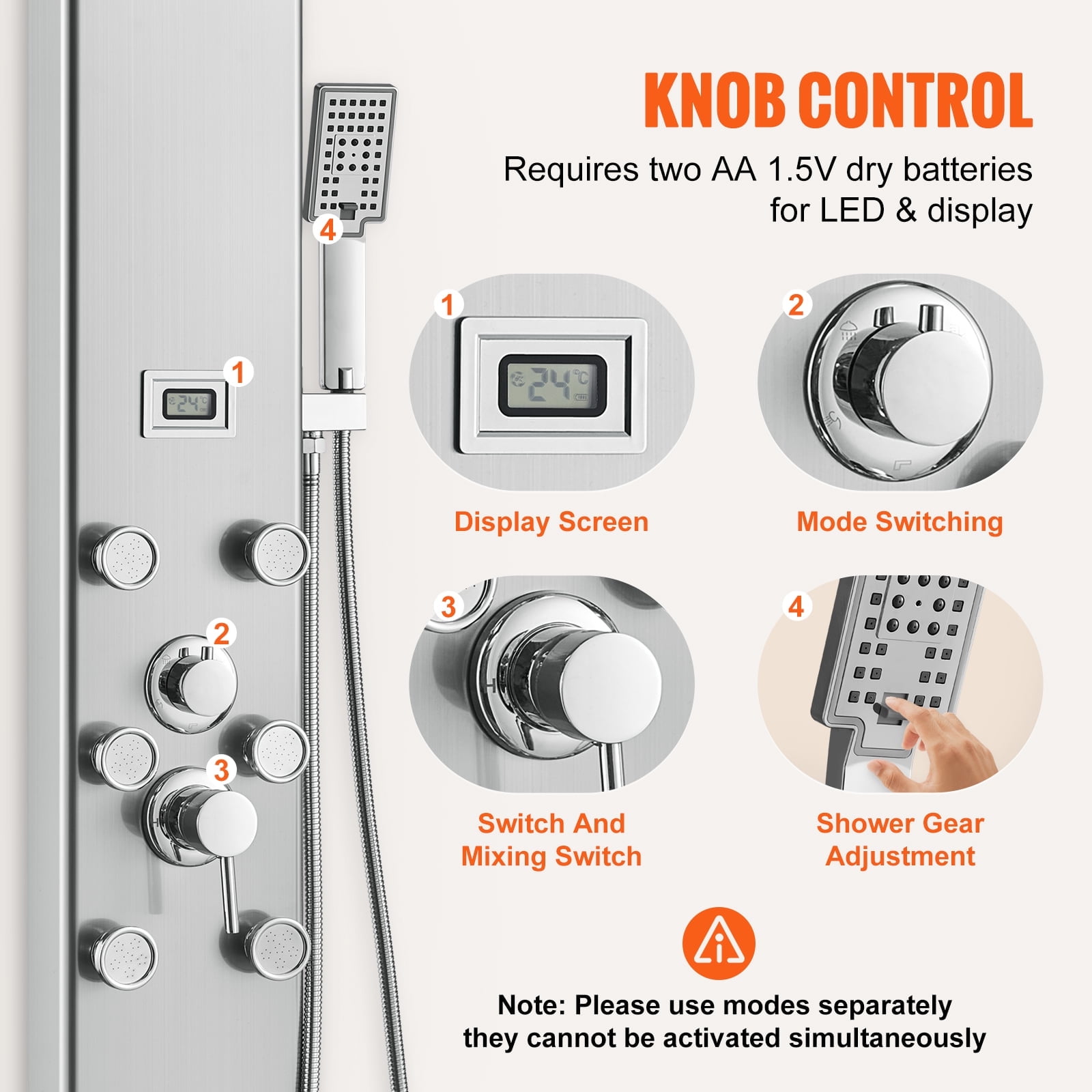 KFFKFF Shower Panel 6 Modes Digital Tower System Display Stainless Steel Rainfall