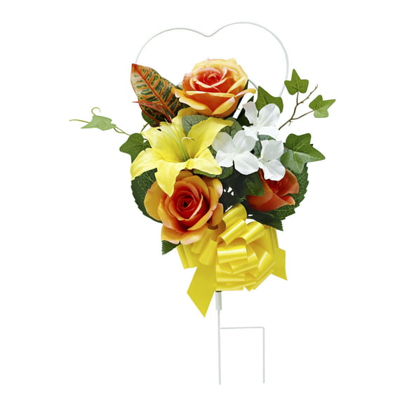 19-inch Artificial Silk Orange, Yellow & White Rose Mixed Cemetery Metal Stake, for Indoor/Outdoor Use, by Mainstays