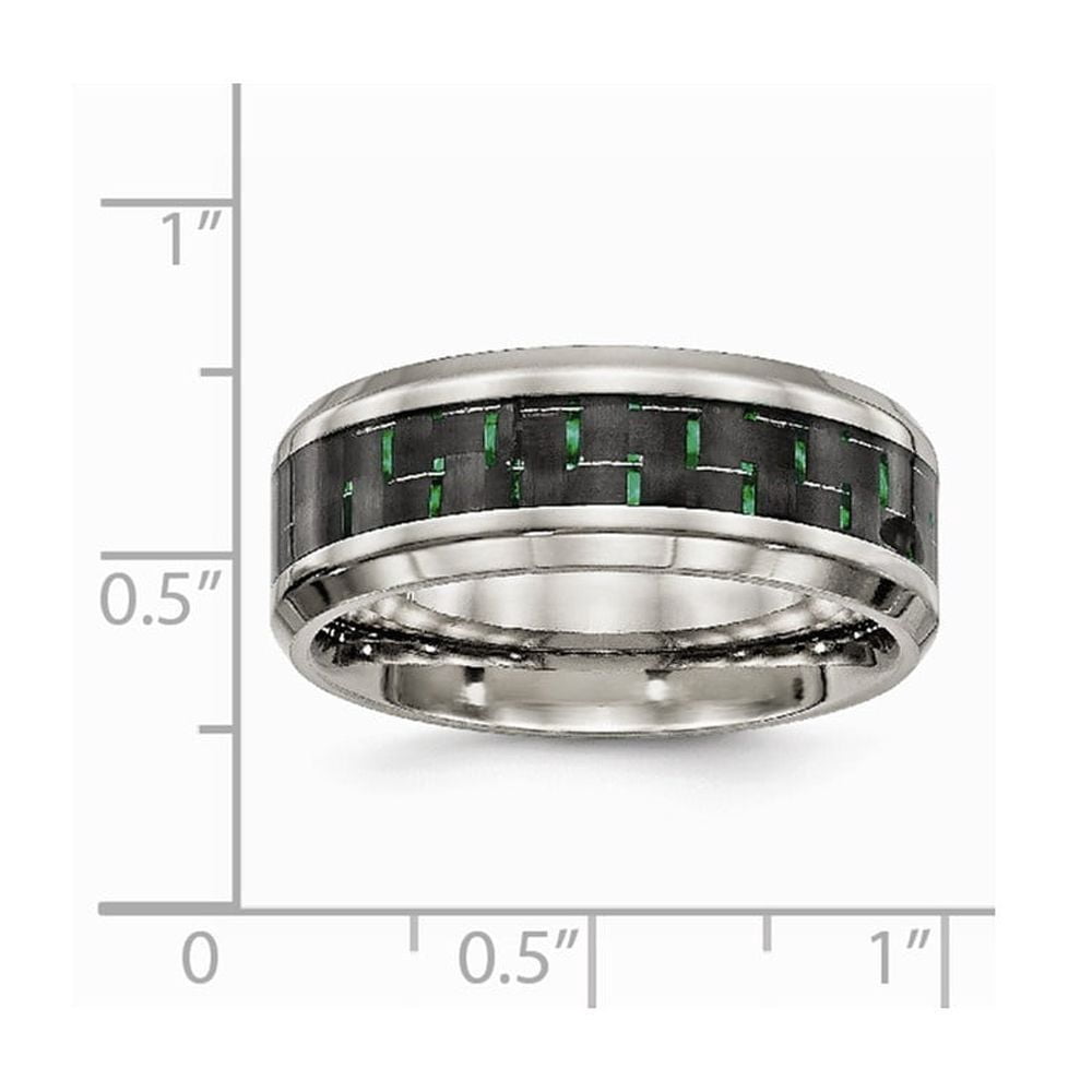 8mm Stainless Steel Polished Black Green Carbon Fiber Inlay Ring - Size 9