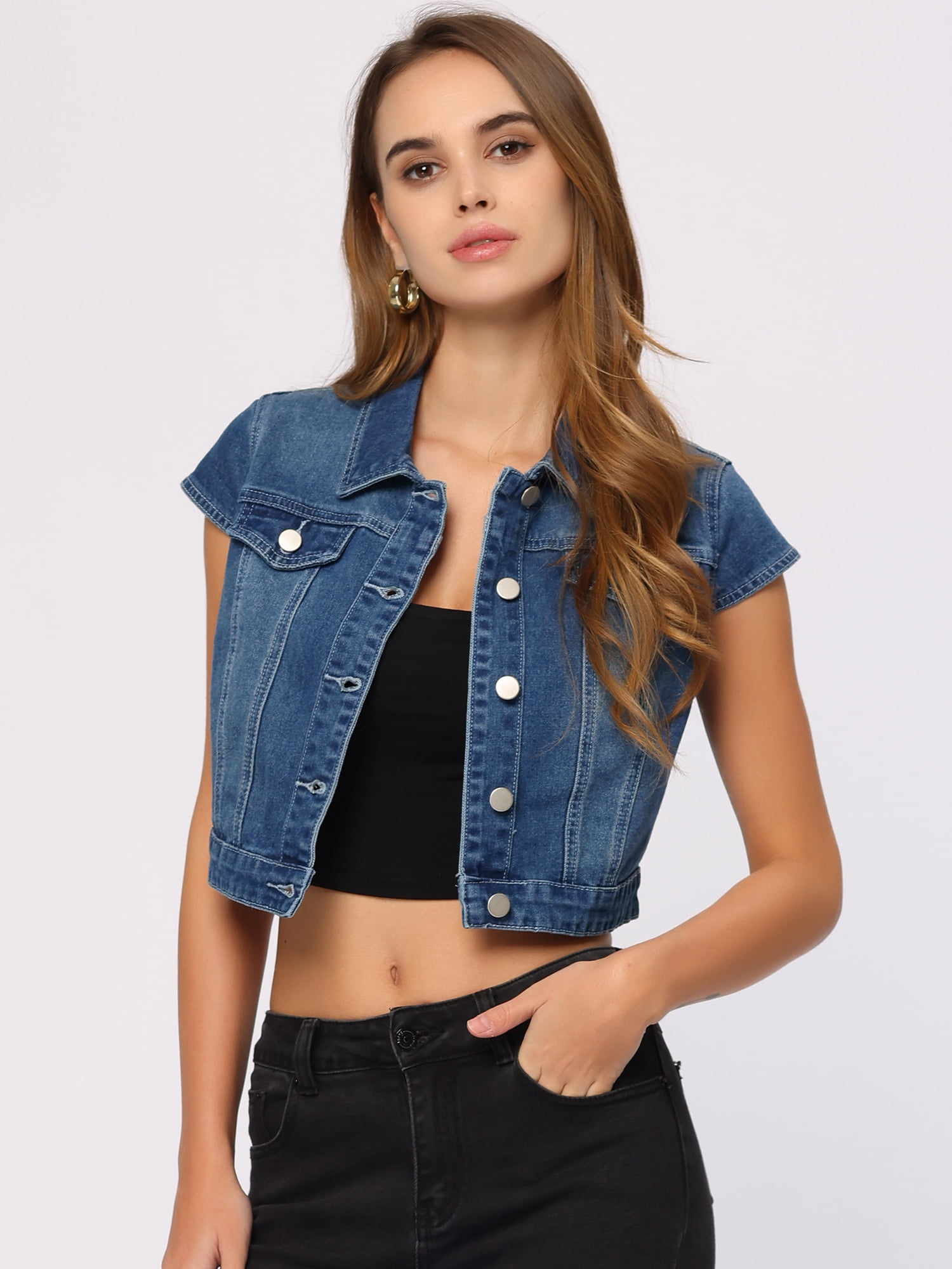 DARING DIVA Women's Cap Short Sleeve Cropped Denim Jacket M Blue